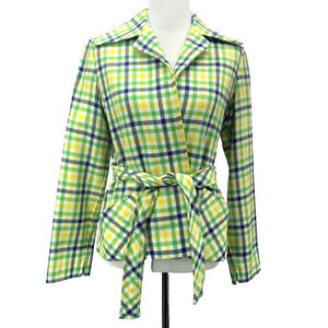 70s Retro Sears JR Bazaar Womens 11 Green Plaid Wrap Belted Jacket Tartan Check